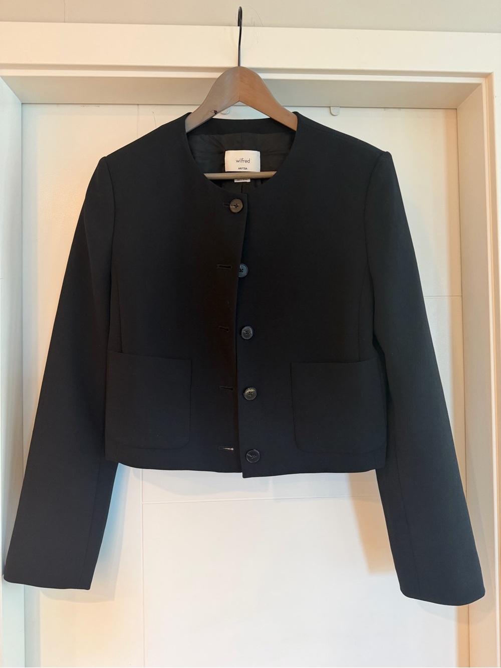 Wilfred Black Cropped Collarless Button Jacket